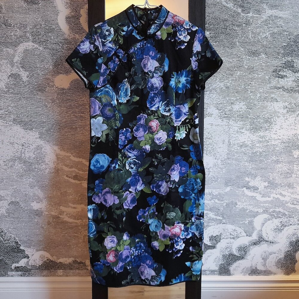 Cheongsam Qipao Dress Black Floral Pink Blue Rose Peony Flowers